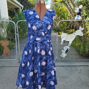 Retrolicious Blue With Bats And Moon Print Dress